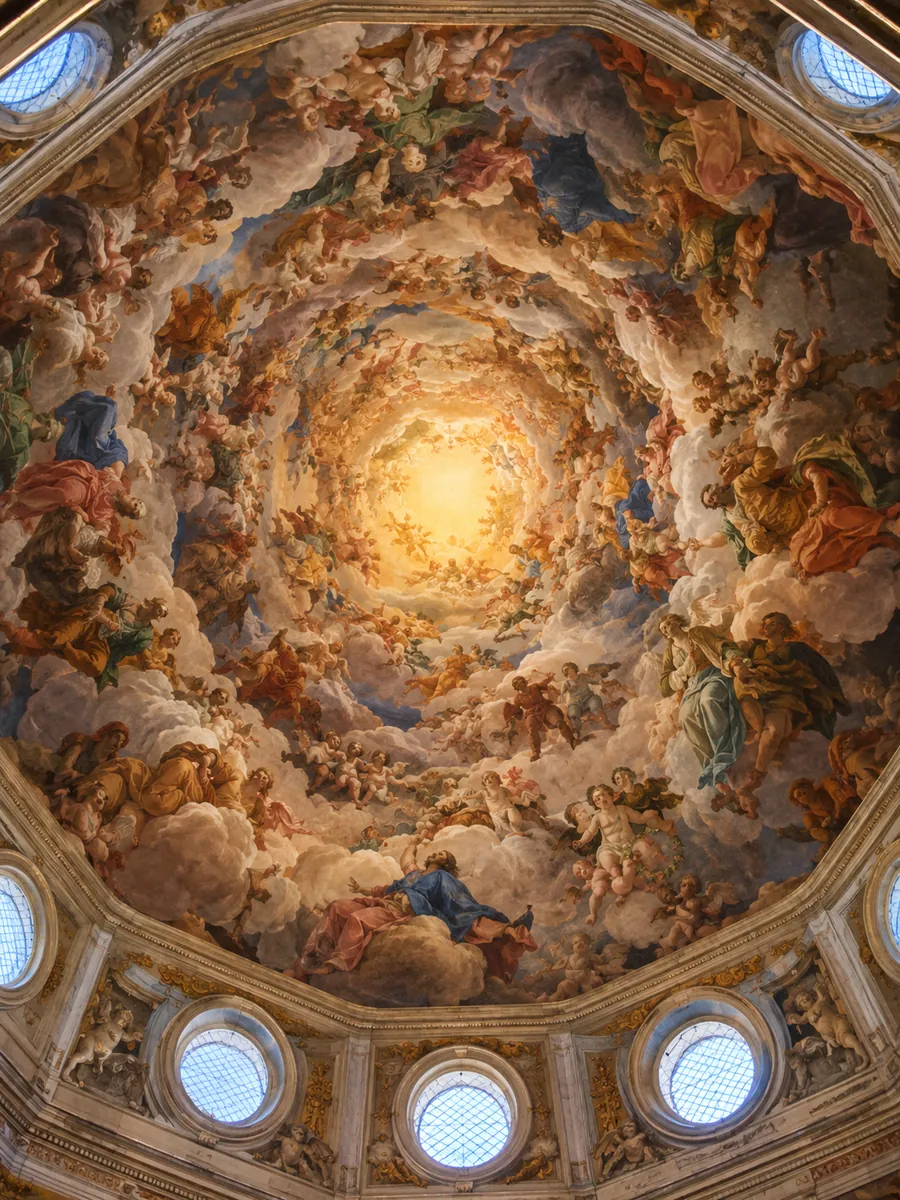 Vue vers le haut d'une coupole Renaissance peinte de figures sur des nuages, en spirale vers une lumière dorée