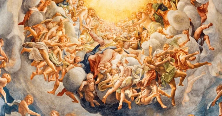 A detail of a Correggio dome fresco in Parma: dozens of foreshortened figures and angels tumbling through clouds towards a golden light